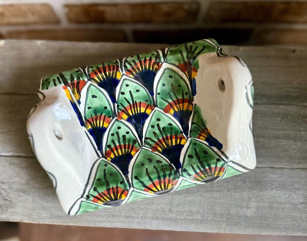 Talavera Green Peacock Toilet Paper Holder | Hand Painted Mexican Ceramic